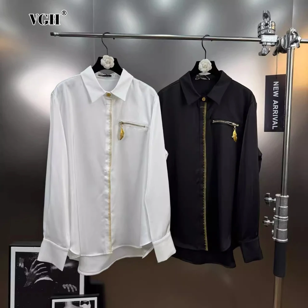 

VGH French Retro Embroidery Shirt for Women Lapel Long Sleeve Patchwork Zipper Temperament Loose Shirts Female Clothing Autumn