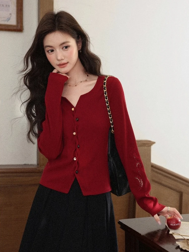 

ALXNAN женские топы с длинными рукавами, вязаные кардиганы на пуговицах спереди с v-образным вырезом и выдолбленным узором, модная женская одежда L57675