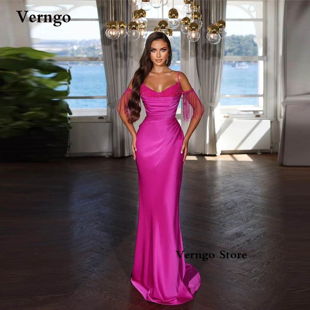 

Verngo Hot Pink Silk Satin Evening Dresses Long Spaghetti Straps Tassel Mermaid Prom Gowns Dubai Women Sexy Formal Party Dress