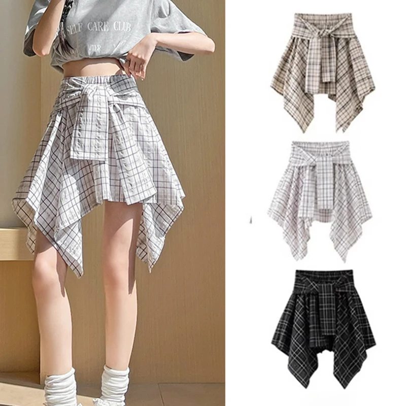 2025Y2K Onregelmatige Hoge Taille Geruite Rokken voor Vrouwen Herfst Nieuwe Harajuku Straat Mini Rok Vrouw Chic Lace-Up korte Shirts Mujer