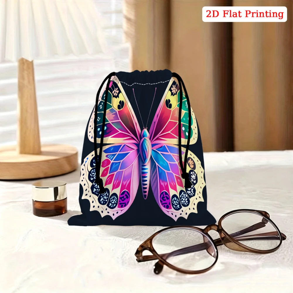 1Pc Colorful Butterfly Print Drawstring Bag Black Storage Small Pouch For Travel Cosmetics Jewelry Organizer Portable Gift For W