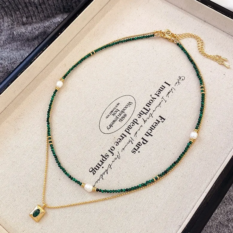 Hot Sell Fashion Natural Freshwater Pearl & Malachite Stone 14K Gold Filled Lady Choker Chain Necklace Jewelry No Fade Gifts
