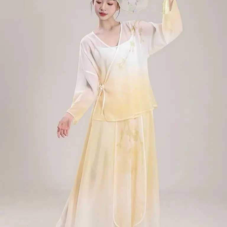 Новый классический танцевальный костюм, новое газовое платье с градиентным принтом в китайском стиле, элегантная большая распашная юбка, китайский танец,