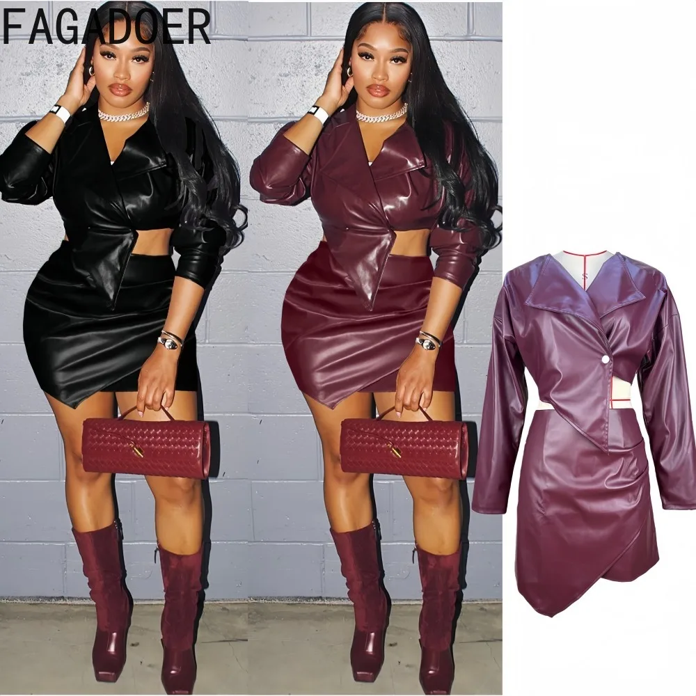 

FAGADOER Sexy Leather Patchwork 2 Pieces Set for Woman Outfit Solid V Collar Bodycon Top and Irregular Skirt Female Streetwear