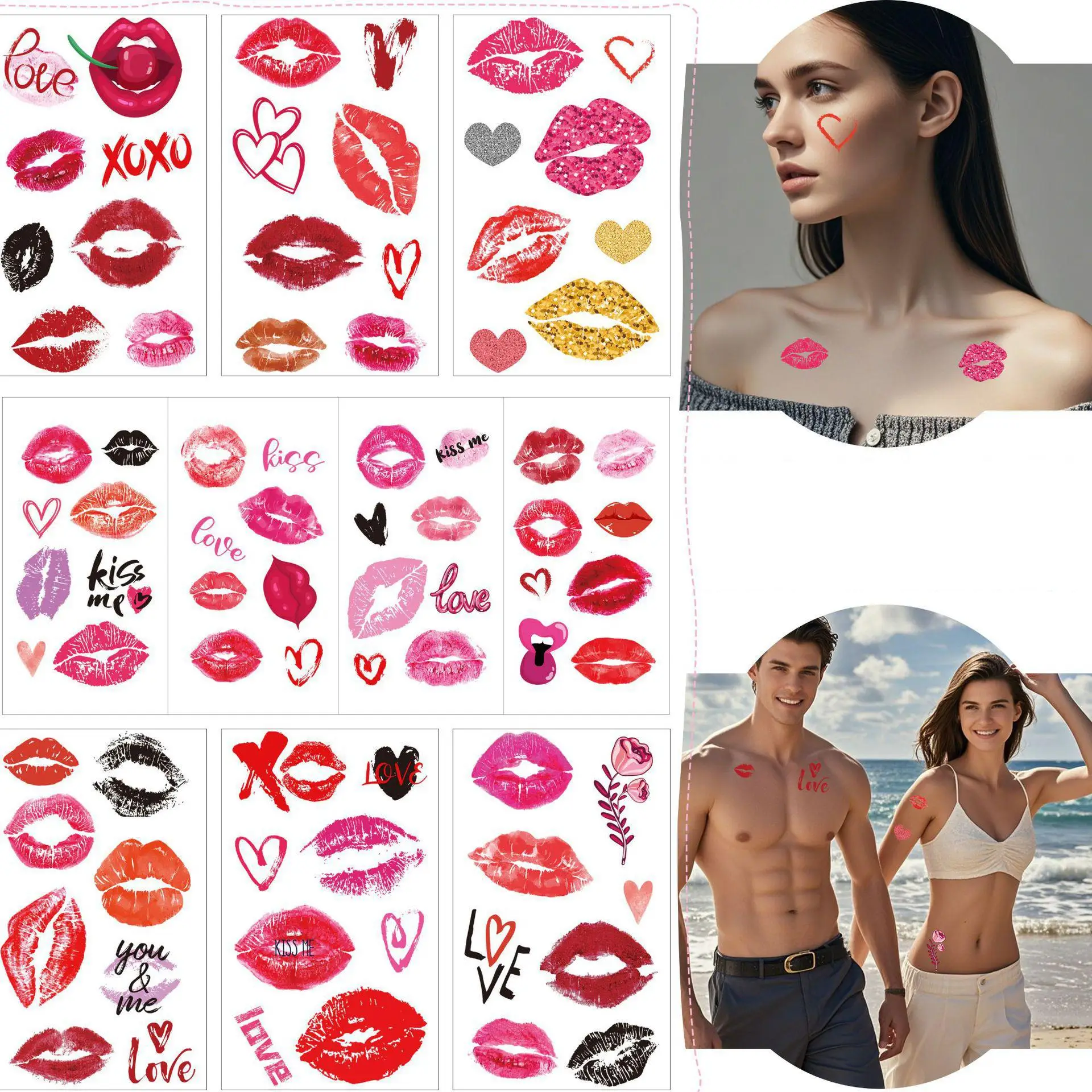 

10 шт./компл., новинка, временная татуировка на День святого Валентина с красными губами, водонепроницаемая наклейка с сердечком, подарок, вечерние татуировки, наклейка, украшение