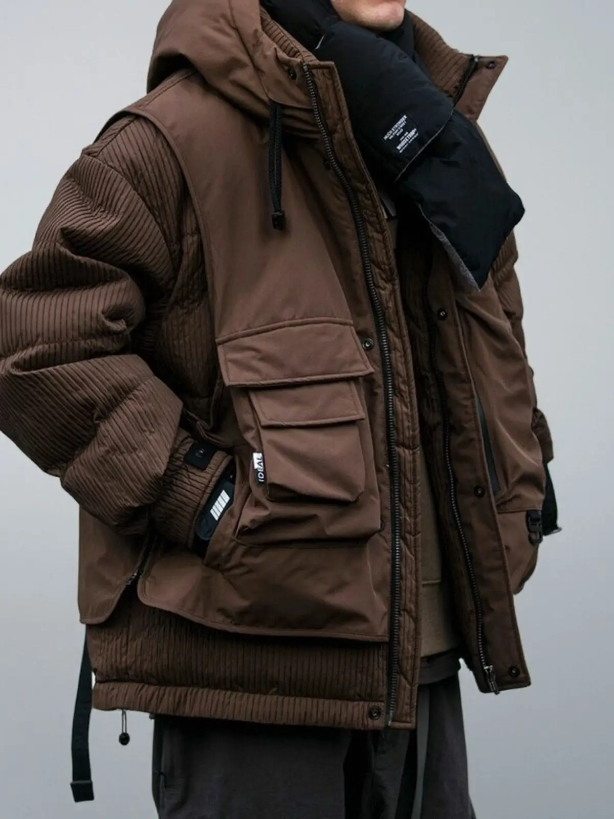 

Warm winter outdoor splicing tooling hooded down jacket men's trendy brand loose large size couple white duck down jacket
