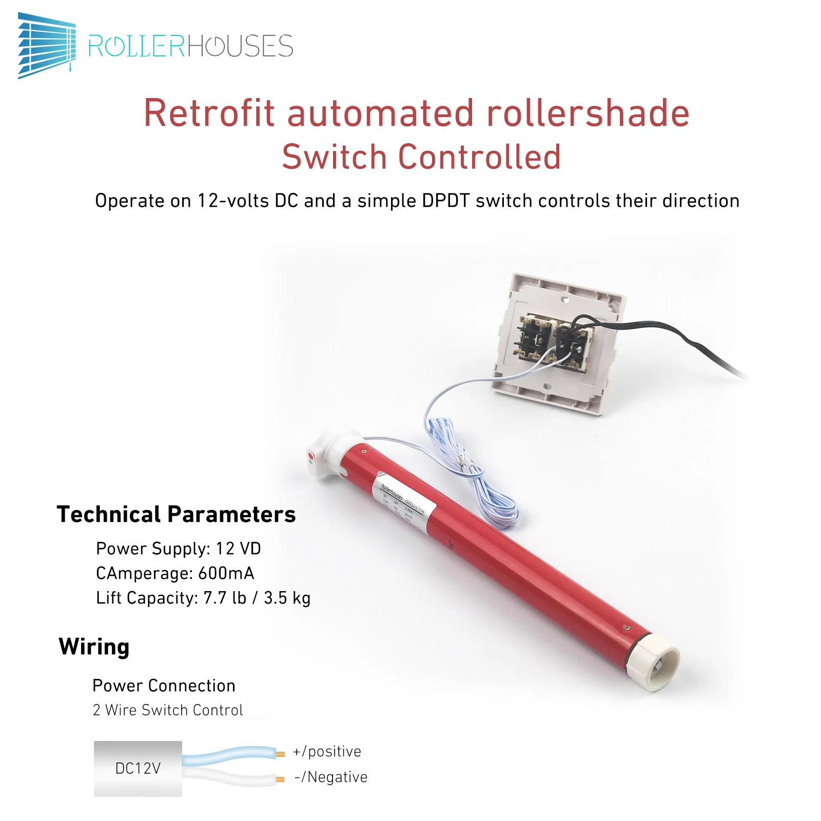 Rollerhouses ES2512 - 12V 2 Wires Switch Controlled Electric Roller Blind/Shade Motors for 30mm 38mm RV Roller Shade