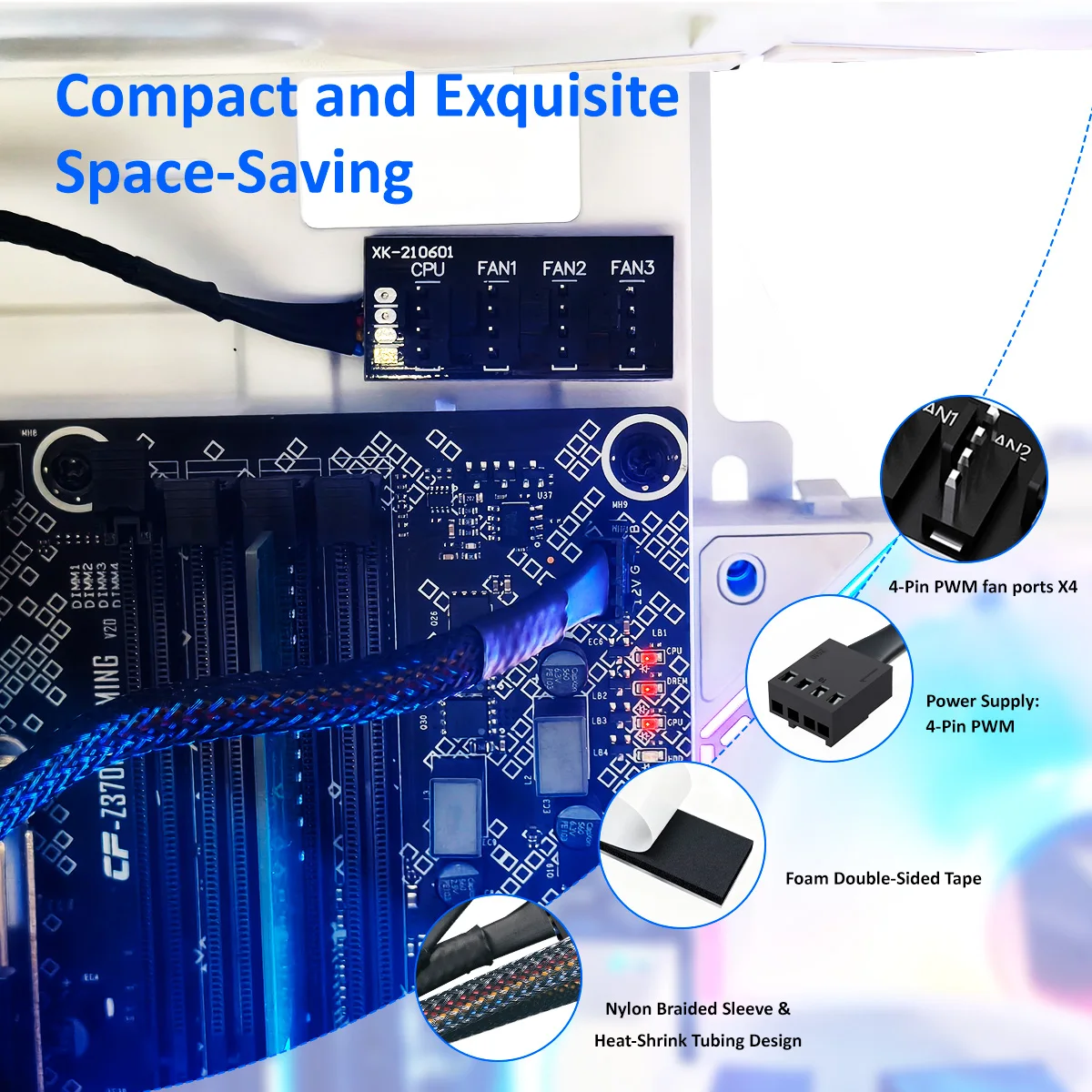 4-pin PWM temperature-controlled speed control fan hub - 1 to 4 computer CPU fans - four-way splitter wiring