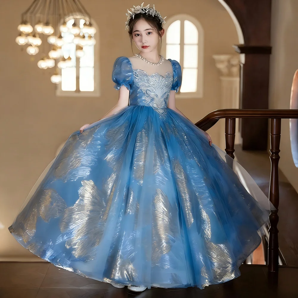 2026 Kids Girls Champagne Girl Wedding Children Birthday Piano Performance Costume Princess Gown Dress Vintage  Evening Flower