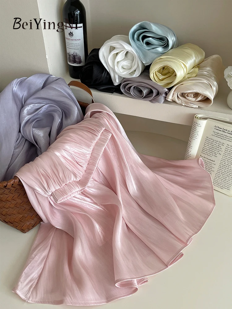 

Beiyingni Korean Summer Pleated Maxi Skirts for Women Plain Elegant Luxury French Fashion Woman's A-line Elastic Waist Skirt