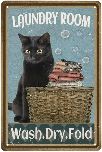 Laundry Room Bathroom Wall Decor - Black Cats Metal Tin Sign Vintage Hanging Art for Home Living Room, -al