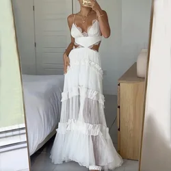 Women Sundress Hollow Out Lace Splice A Line Beach Dresses V Neck Leaky Waist Folds Gown Elegant Long Vestidos Sleeveless