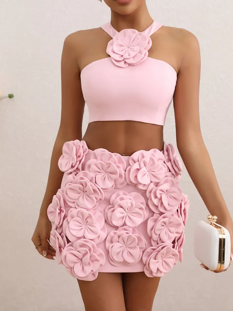 

2024 New High End Fashion Peach Pink Outfits for Women Sleeveless Appliques Crop Tops and Flowers Mini Skirts Party Dress