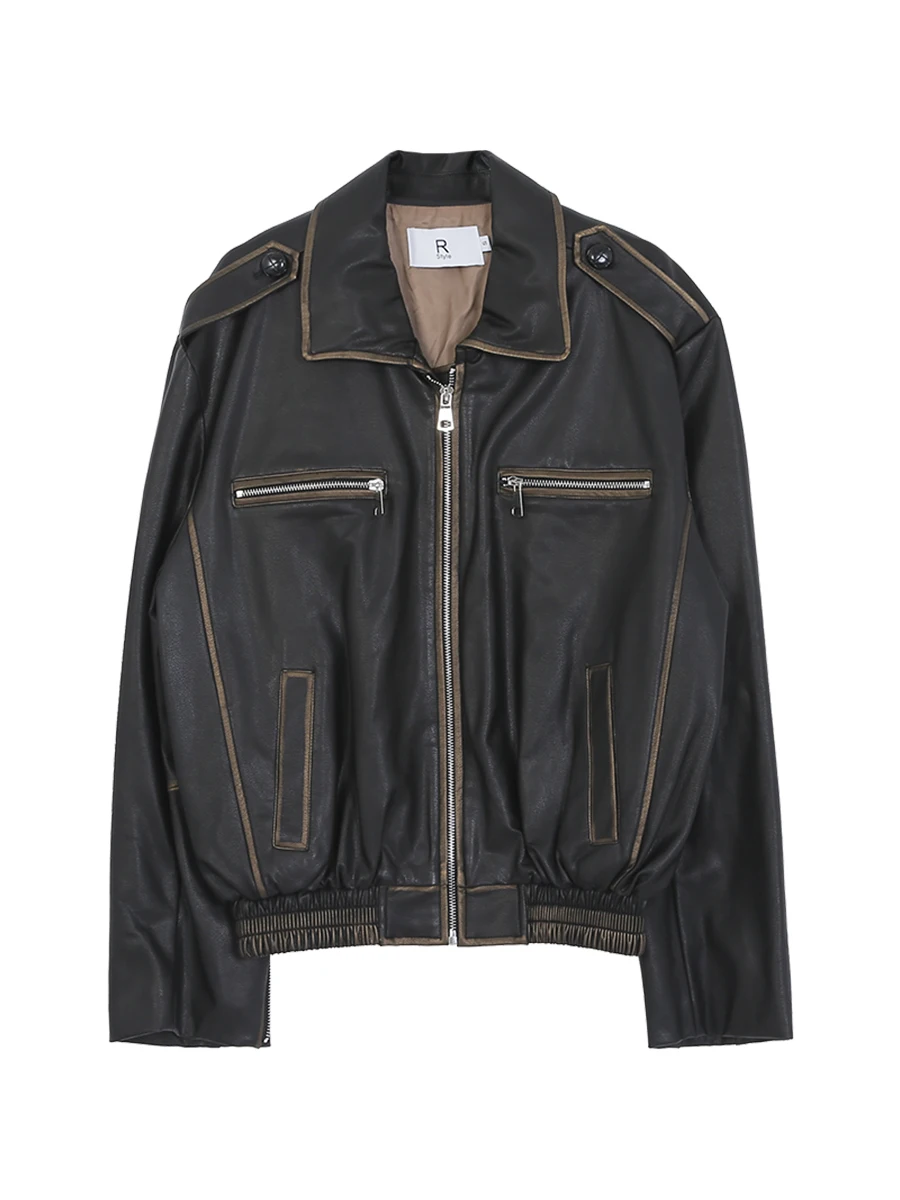 جاكيت جلد أسود للنساء بتصميم أمريكي عتيق راقٍ لخريف 2025