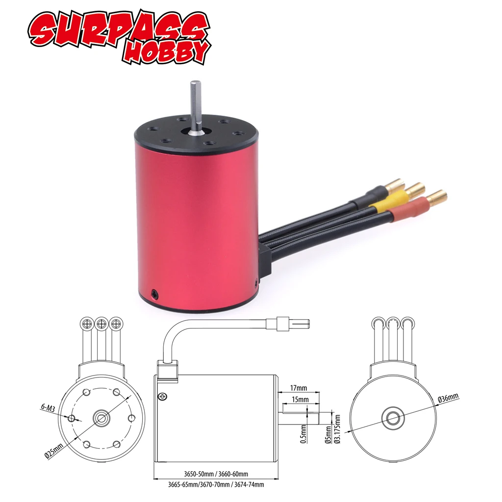 SURPASS HOBBY 3660 3.175mm/5.0mm shaft 1750KV 2200KV 2600KV 3100KV 3500KV 4200KV Waterproof Brushless Motor for 1:10 RC Car