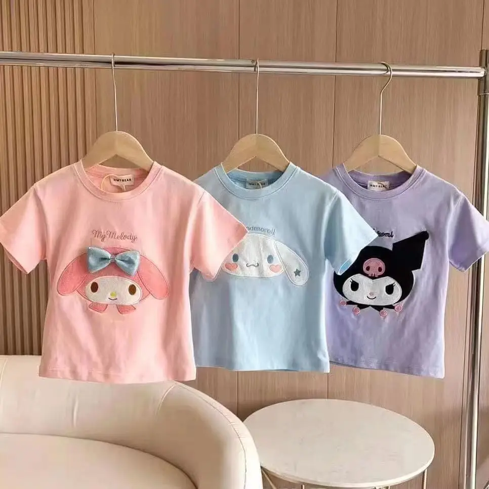 

Anime Sanrios My Melody Kuromi Kids Short Sleeve Cinnamoroll Boys Girls Cartoon Cotton T-Shirt Fashion Summer Tops Child Clothes