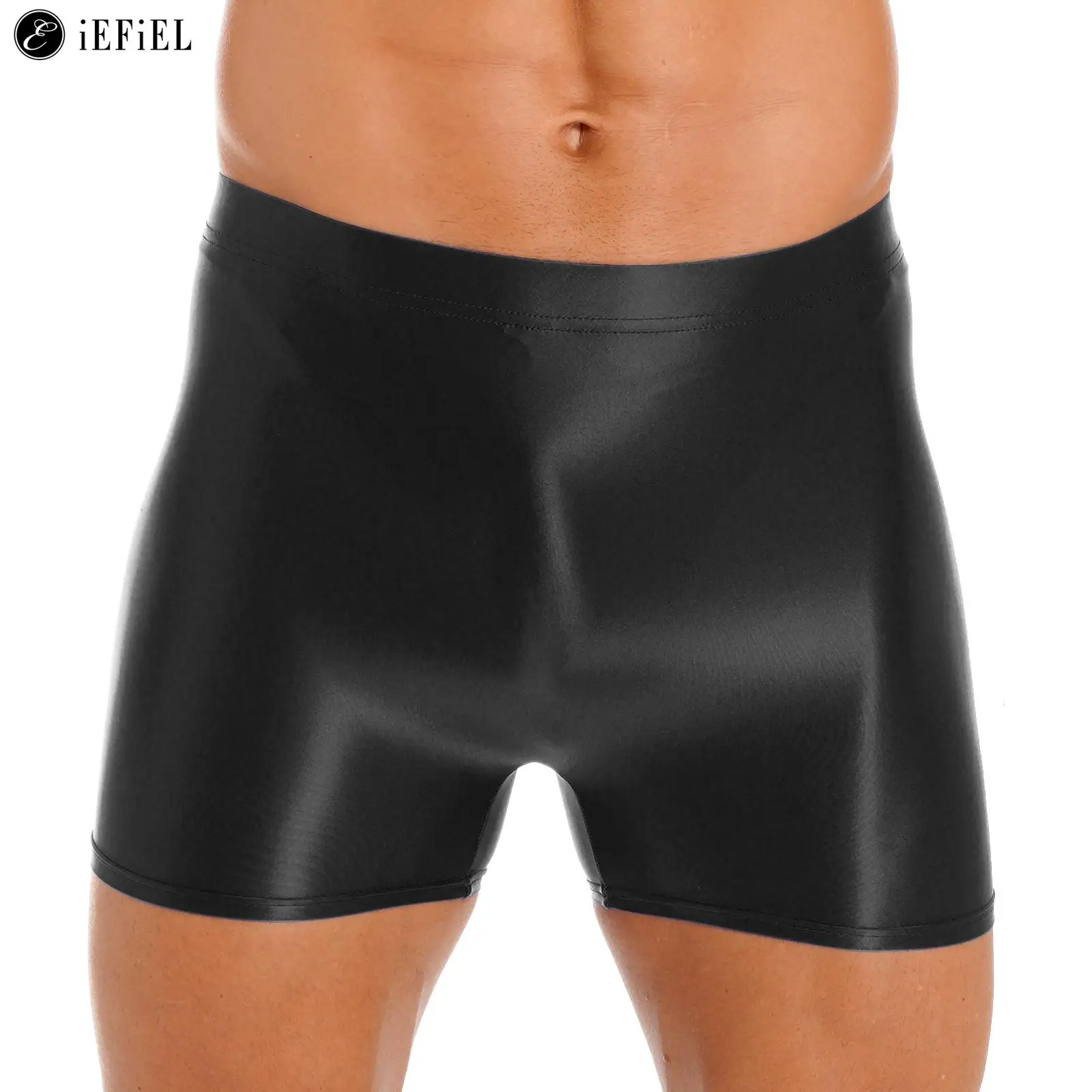 Men\'s Glossy Mid Waist Boxer Shorts Fashion Swim Trunks Swimwear Gym Bodybuilding Running Workout Athletic Shorts Underwear