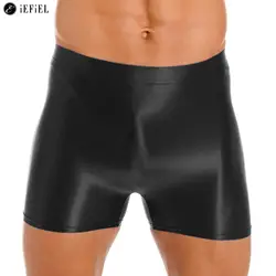 Men's Glossy Mid Waist Boxer Shorts Fashion Swim Trunks Swimwear Gym Bodybuilding Running Workout Athletic Shorts Underwear