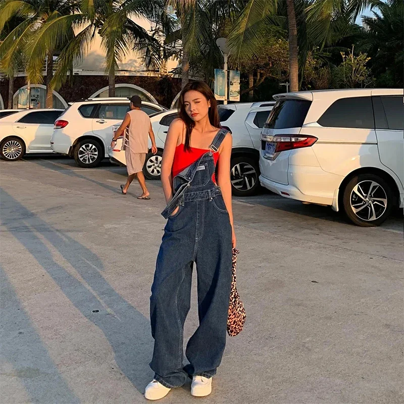 

MEXZT Denim Jumpsuit Women Streetwear Baggy Overalls Fashion Pocket Wide Leg Suspender Pants Korean Straight Jeans Trousers New