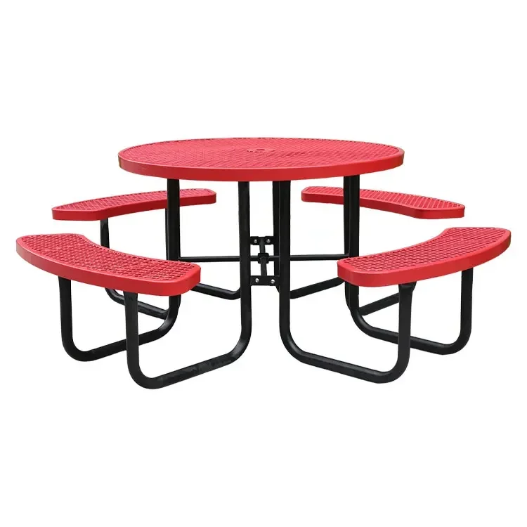 Outdoor park patio commercial steel mesh picnic camping table with bench outside restaurant round metal dining table and chair