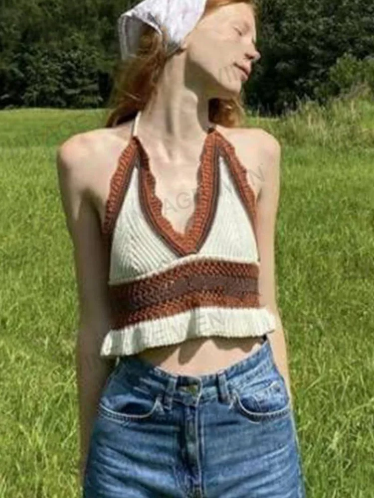 Brown American-Style Retro Hot Girl Color Matching Halter Short Knitted Sling Women's Summer Top