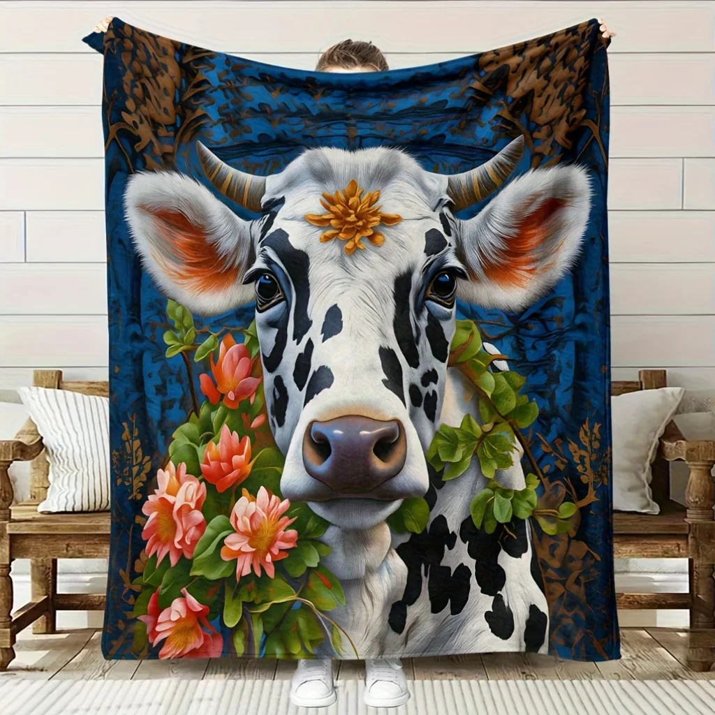 Comfortable Cow Floral Pattern Fleece Blanket | Soft High-Definition Digital Print, Cooling, All-Season Use,  Polyester, Per