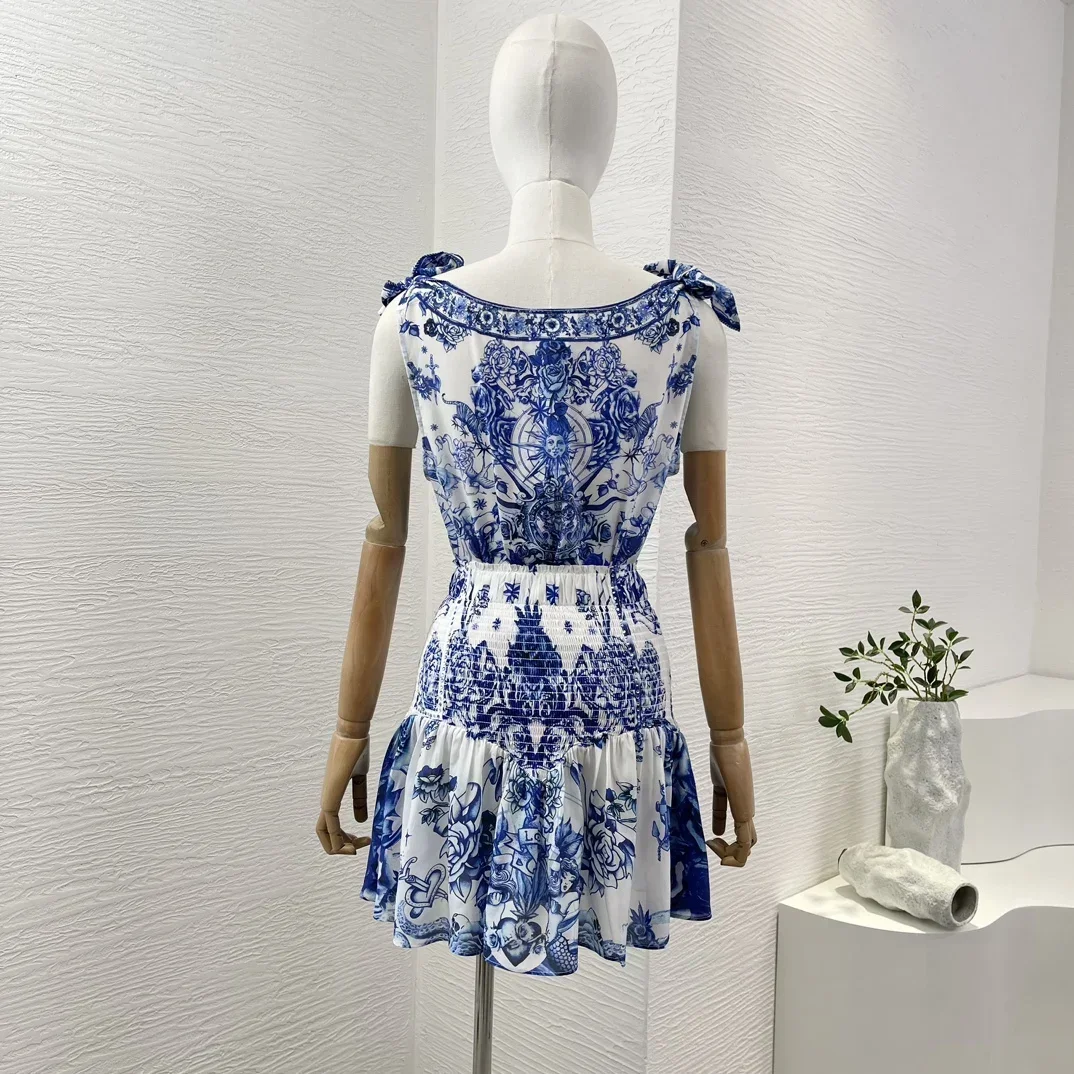 Women's Pure Silk Blue White Porcelain Color Sleeveless Floral Print Diamonds Deep V Neck Blouse Tops Skirt Set High Quality