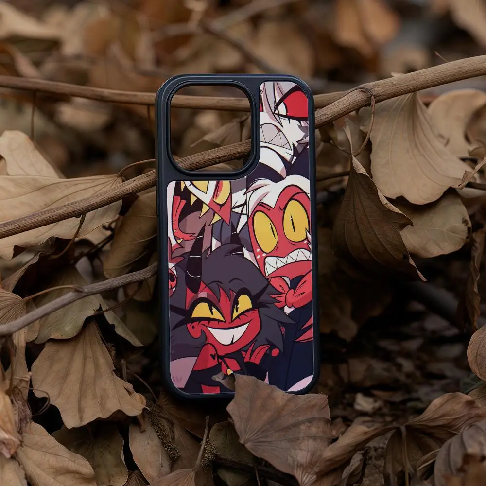 

Hot Cartoon H-Helluva Boss Phone Case For iPhone 16 15 14 13 12 11 Pro Max Plus Black Frame Acrylic Carbon Fiber Hard Shell