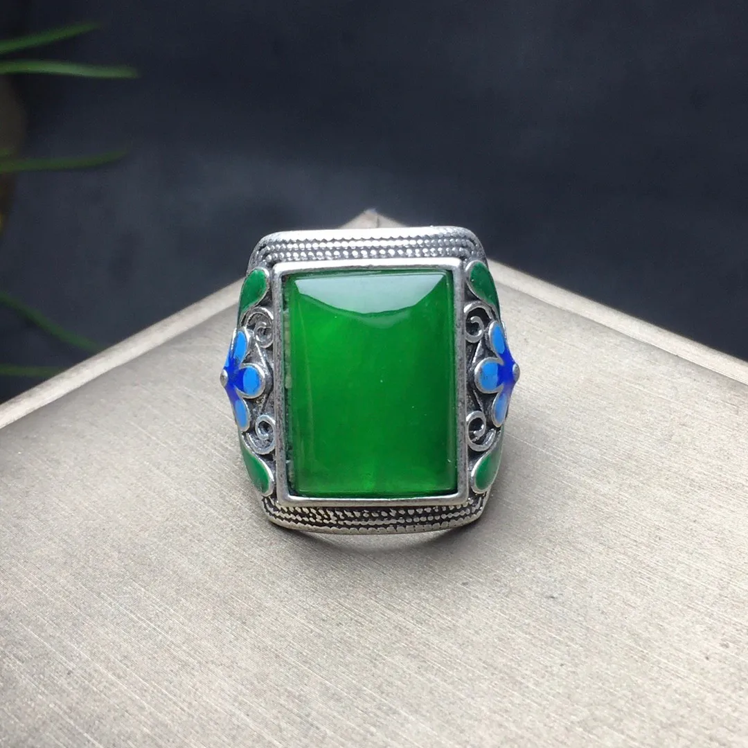 Natural Green Jade Rectangular Ring Men Women Fine Jewelry High Ice Grade A Myanmar Jadeite Cloisonne Enamel Square Jades Rings