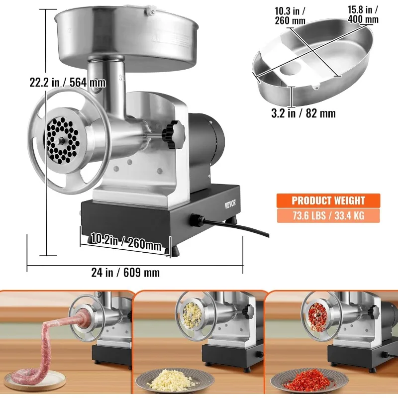 Electric Meat Grinder, 992 Lb/H Capacity, 1100W w/ 2 Blade, 3 Grinding Plates, Sausage Maker & Kubbe Kit