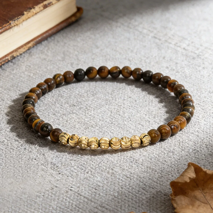 Tiger Eye Beaded Bracelet Men Golden Lantern 4mm Minimalist Onyx Energy Stone Beads Classic Style Hombre Jewelry Gift for Him