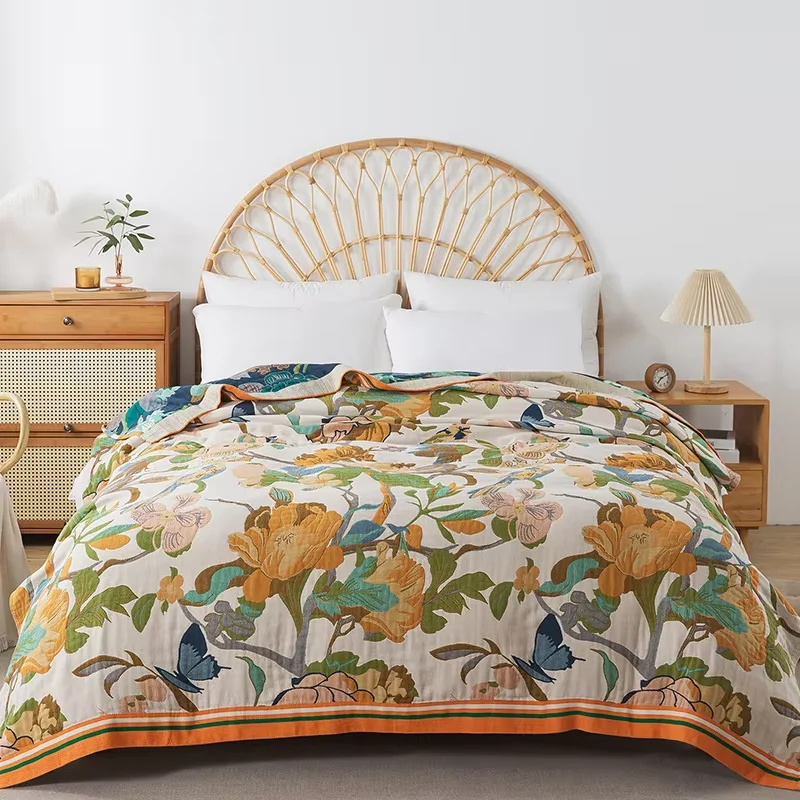 

Bedspread On The Bed Cotton Gauze Floral Pattern Towel Coverlet 4 Layer Of Terry Quilts Single Double Bed Cover Blanket 200*230