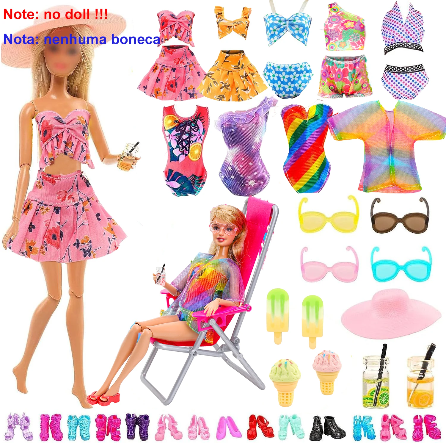 30Pcs Doll Clothes & Accessories Summer Beach Set 5 Swimsuits 1 Bathrobe with 14 Accessories Shoes Glasses Drinks Swimming Rings