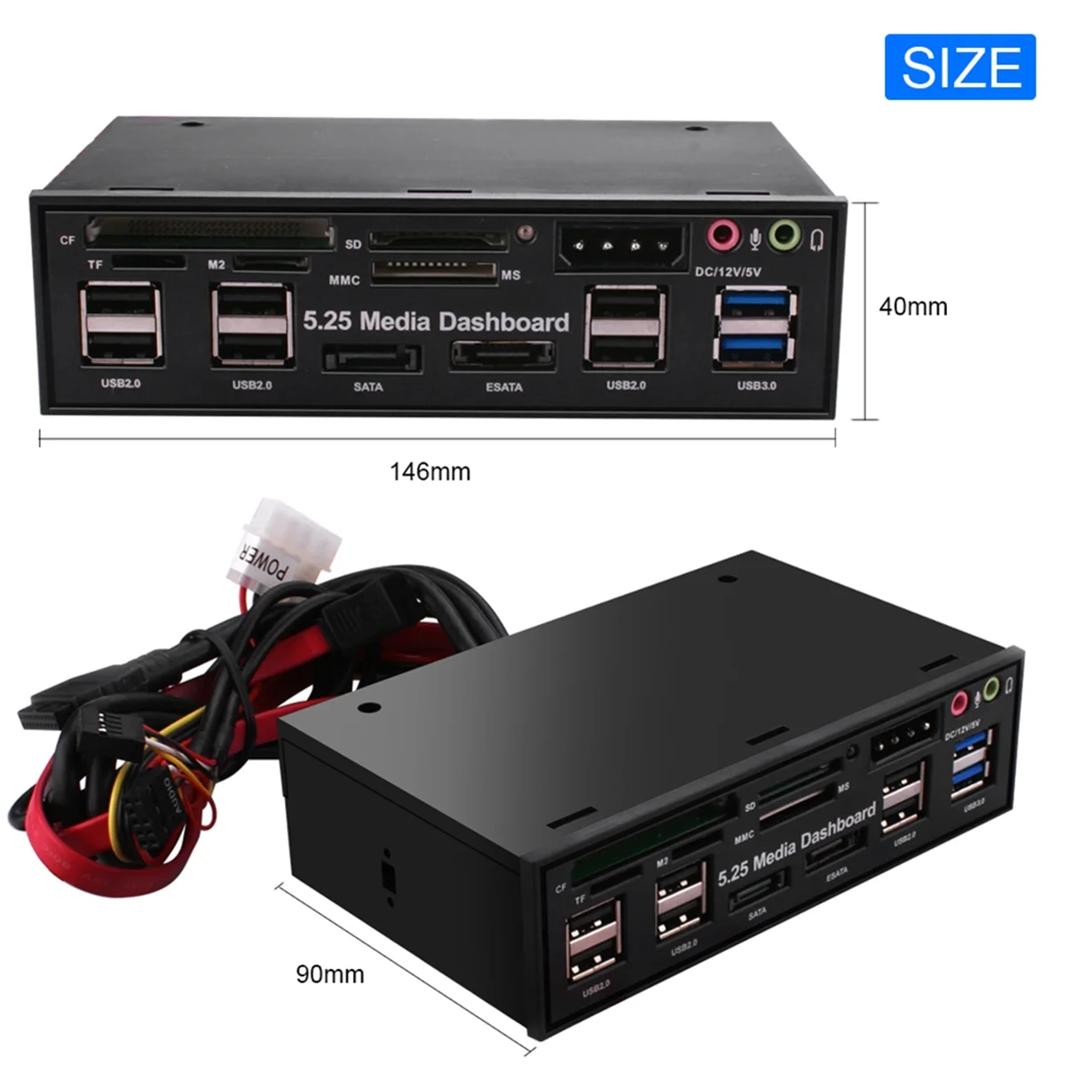 B47C 5.25 Inch Media Dashboard with USB 2.0/3.0 E-SATA SATA Multi-Card Reader for Desktops