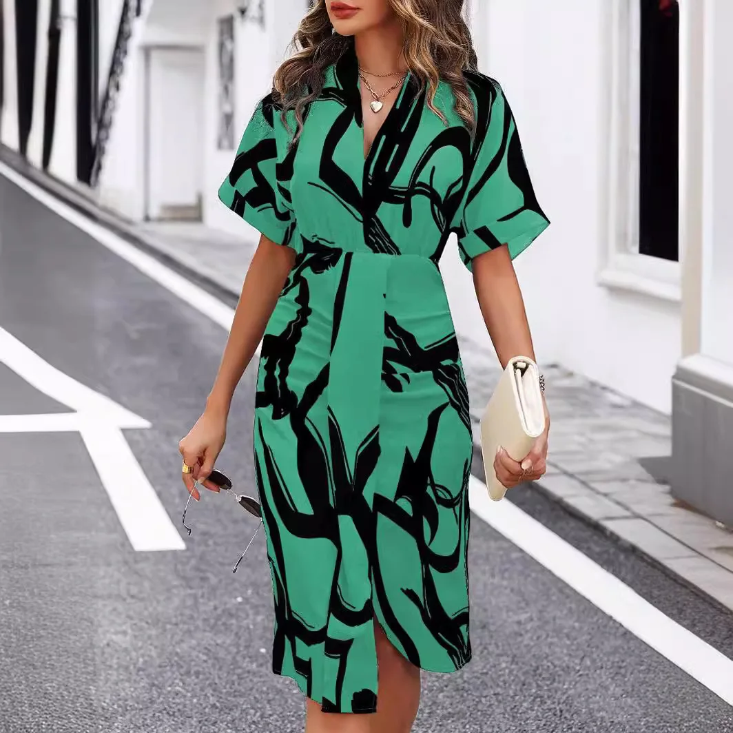 Bohemian Dress Summer Deep V-neck Print Irregular Dresses Women Casual Short Sleeve Dresses For Women 2024 White Elegant Robe