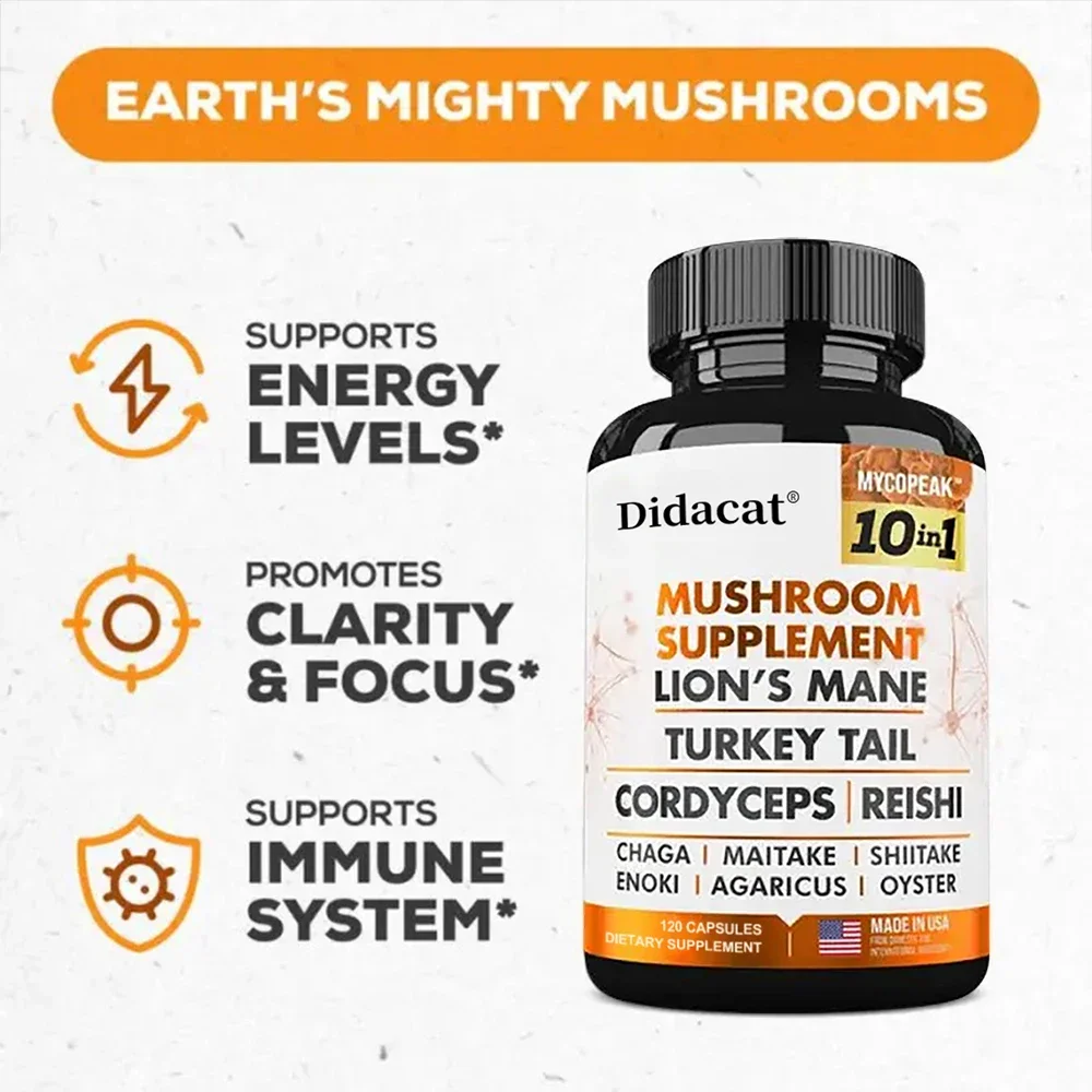 Premium Mushroom Capsules, Boosts Mental Clarity, Focus and Memory, Cordyceps, Reishi, Chaga Supplement, Non-GMO