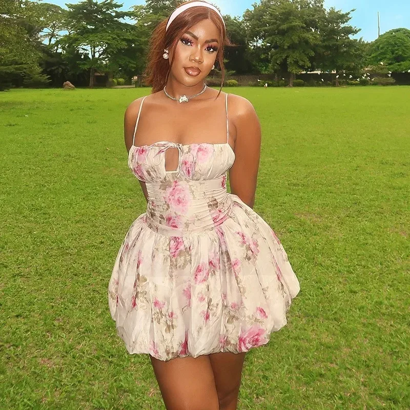 

Women's Floral Print Lace-Up Chest Wrapped Halter Pleated Mini Princess Dress, Sleeveless, Backless, High Waist, Sexy