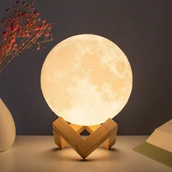 LED Night Light 8cm Moon Lamp Battery Powered With Stand Starry Lamp Bedroom Decor Night Lights Kids Gift Button Cell