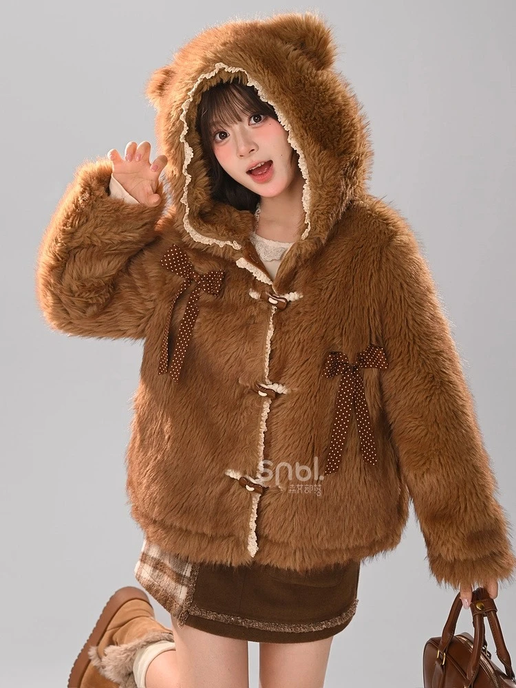 أزياء حلوة لطيف فتاة الدب هوديي معاطف واحدة الصدر فضفاضة تنوعا Kawaii سميكة أفخم سترات قصيرة للنساء الشتاء #4