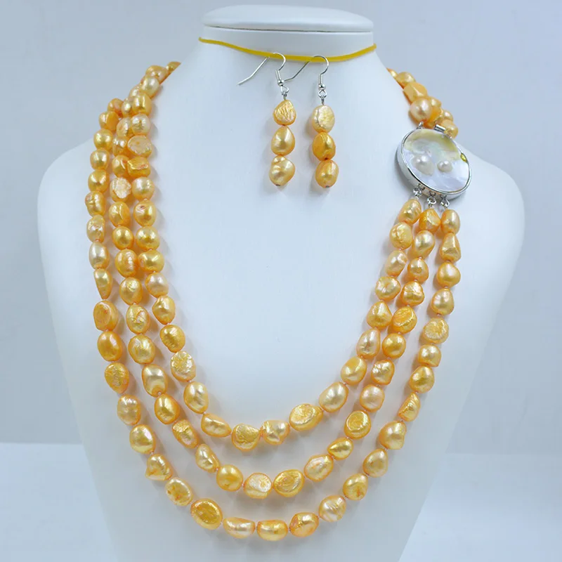 3-Row 8MM AAA Natural Aquaculture Freshwater Baroque Pearl Necklace Earring Set. Charm Ladies Wedding Jewelry
