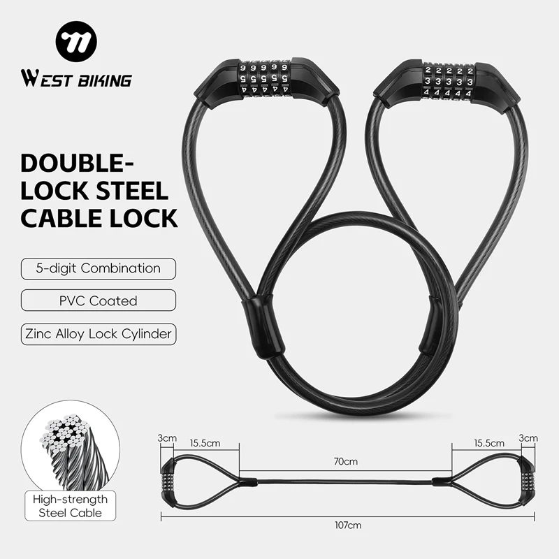 

WEST BIKING Bicycle Anti Theft Lock Double-headed Password Steel Cable Lock 5 Digit Password Scooter Bike Lock Bike Accessories