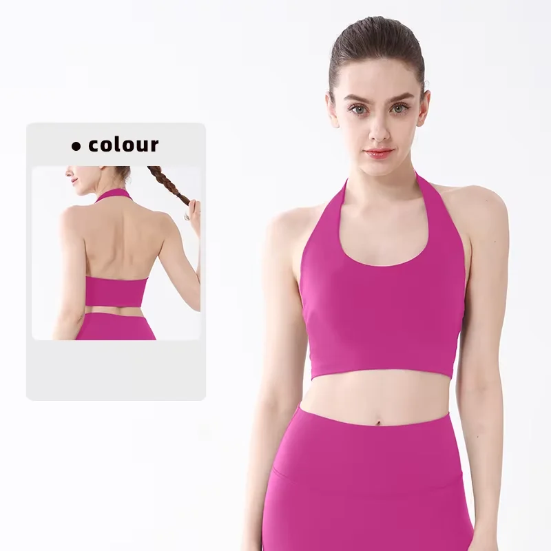 Sports Top Women Sexy Hanging Neck Yoga Bra High Intensity Shockproof Fixed Chest Pad Running Fitness Outdoor Leisure Yoga Vest