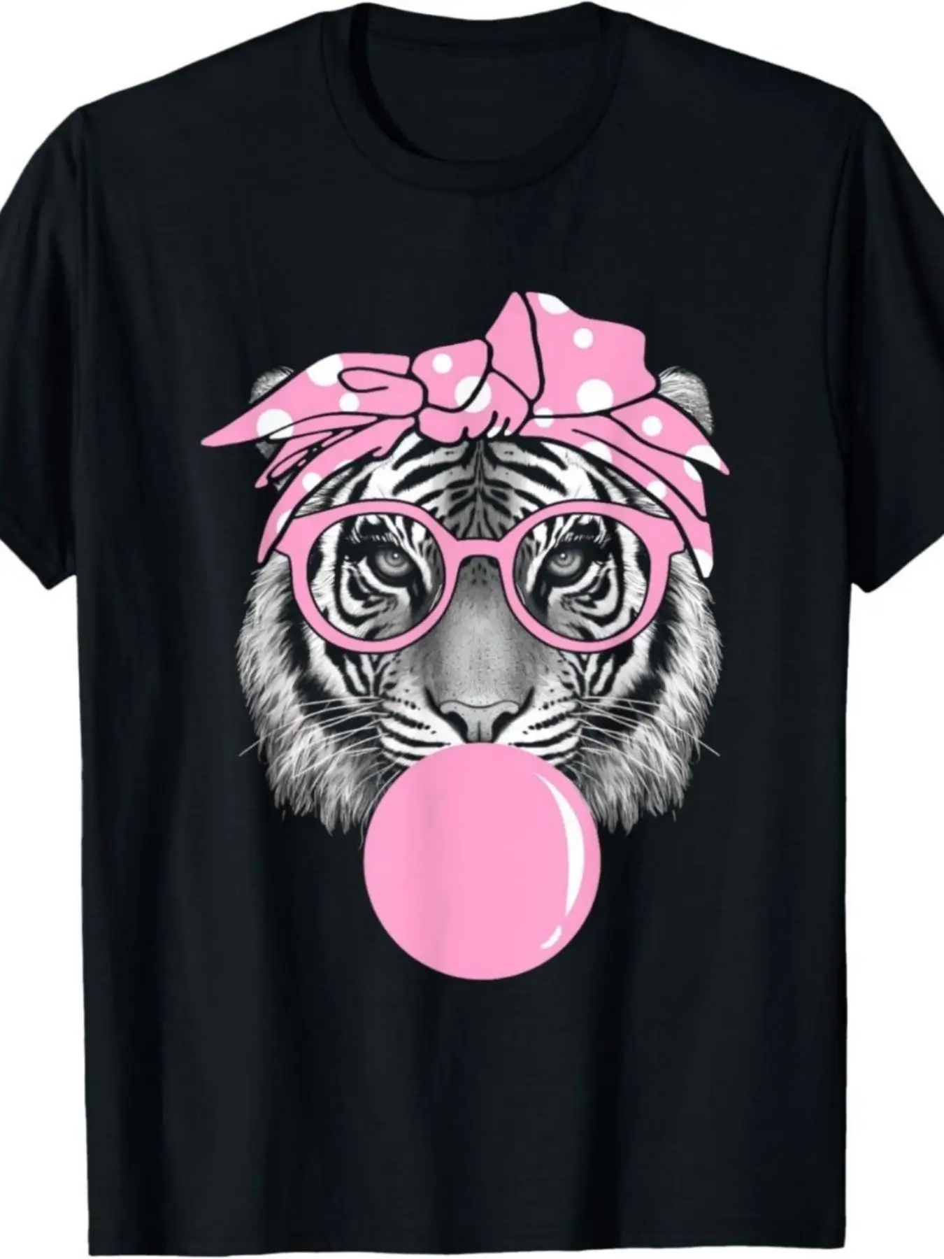 Pink Tiger Glasses and Pink Bubblegum Men's T-Shirt, casual style, regular fit, round neck, slightly stretchy fabric, all-season letter print. Suitable for daily activities, round neck with dropped shoulders