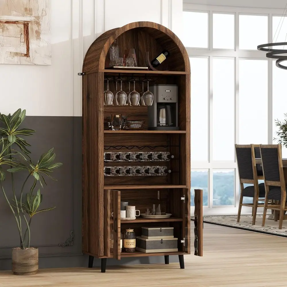 

Tall Arched Wine Cabinet with Storage, Farmhouse Liquor Bar Cabinet with Wine Rack & Glass Holder, 5-Tier Kitchen Pantry Whiskey