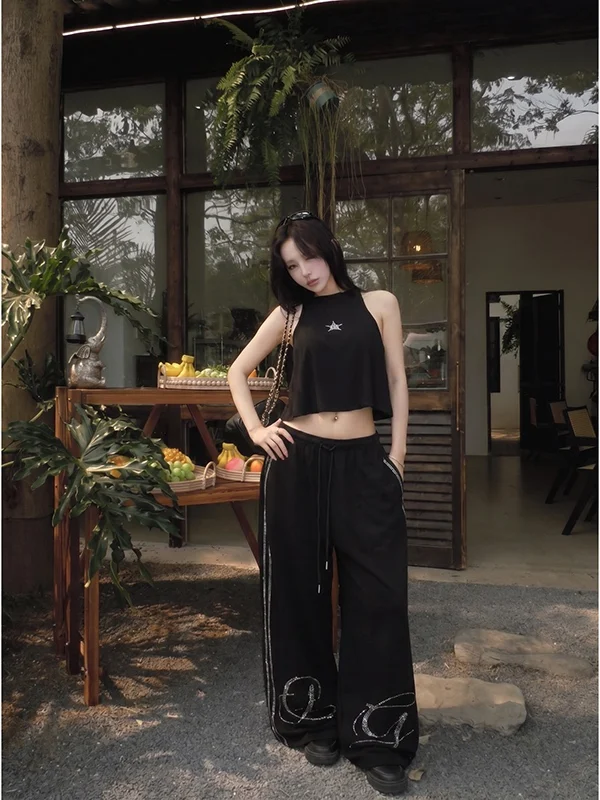 

American Style Hot Girl Sports Crop Top Sleeveless Hoodie Women Summer Loose Casual Wide Leg Pants Sweatpants Set