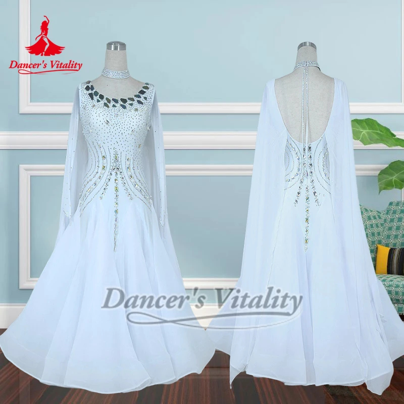 

Белые элегантные платья для соревнований по социальным танцам с длинными рукавами на заказ для взрослых женщин, вальс с круглым воротником, одежда для выступлений, жизненность танцора