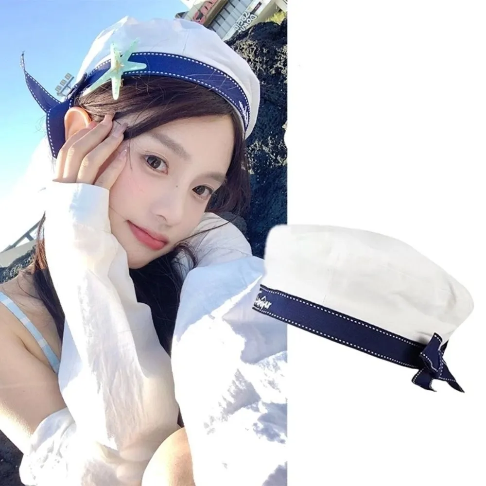 

Fashion Sweet White Sailor Hat Korean Style Bowknot JK Beret Cap Uniform Cap Letter Embroidery Painter Hat Spring Summer