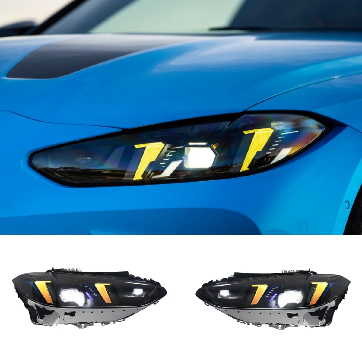 

Обновленные фары в стиле LCI с желто-белыми ДХО для BMW 4 серии G22 G23 G26 M3 G80 M4 G82 G8X (до рестайлинга, 2021-2024)
