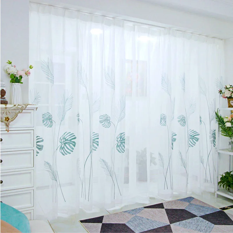 Blue Plantain Leaf Embroidery Tulle Curtains for Living Room Bedroom Kitchen Window Treatments Sheer for Children's Bedroom Kids