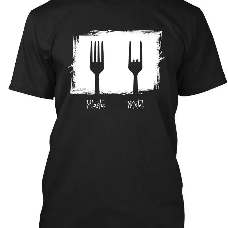 Limited NWT Plastic vs Metal Sign of the Horns Fork Funny Retro T Shirt S 4XL